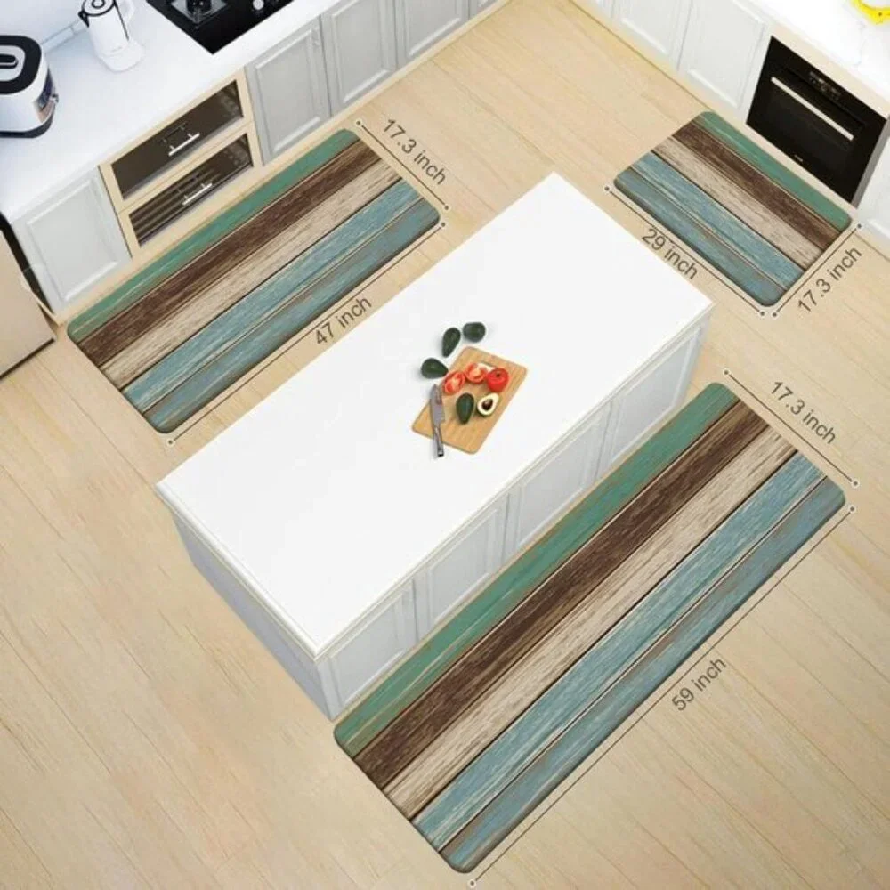 New Set of 2 Teal Farmhouse Kitchen Rug, Anti-Fatigue, Non-Slip, Rustic Look